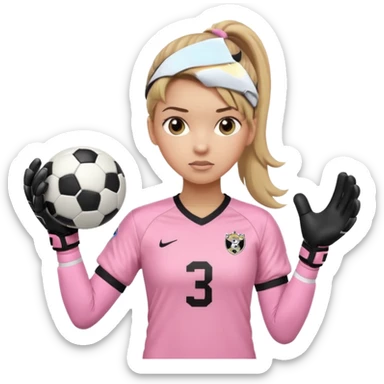 Make a dirty blonde football goalkeeper with goalkeeper gloves on holding a regular  The girl is light skinned and wearing a light pink football. Wearing a ponytail on back of head. Make it without the whole body. With full sleeves. WITHOUT A RUGBY BALL JUST REGULAR BLACK AND WHITE BALL. sticker