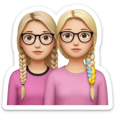 Two girls a taller girl with a black shirt and glasses dirty blonde long hair in a braid and eyeliner, second shorter girl with light blonde shoulder length straight hair with a side part and a pastel pink shirt sticker