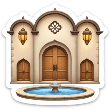 3D Apple-style emoji of a full traditional Turkish han. Rounded stone building with arched wooden doors and windows, small courtyard, fountain, arches, and hanging lanterns. Glossy, smooth, soft shadows, clean white background.






 sticker