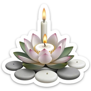 A photorealistic icon featuring lotus flowers, burning incense sticks, smooth round sea stones and multiple small round candles arranged in a calming, tranquil setting. Soft, peaceful colors with detailed textures that evoke mindfulness and inner peace. Transparent background. sticker