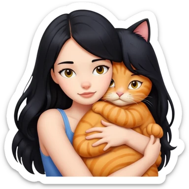 A beautiful girl with long black hair hugs a Garfield cat sticker