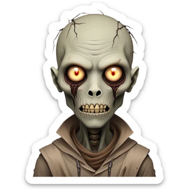 Cinematic Realistic WoW undead civilian Portrait, head tilted epicly and inquisitively, showcasing grim resilience and defiant strength. His withered, pallid skin and intense, glowing eyes contrast starkly with his worn, earth-toned clothes, rendered in meticulous detail. With dynamic, high-contrast lighting and high shine, this portrait exudes an epic aura, capturing the relentless will of a battle-hardened undead civilian. sticker