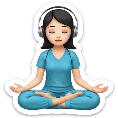 An East Asian woman🧘🏻‍♀️ is sitting cross-legged in a meditation pose, wearing Apple headphones🎧 and listening to music. The song is so beautiful that she has her eyes closed and tears streaming down her face. sticker
