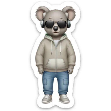 anthropomorphised koala full body wearing a hoodie and jeans dark sunglasses headphones sticker