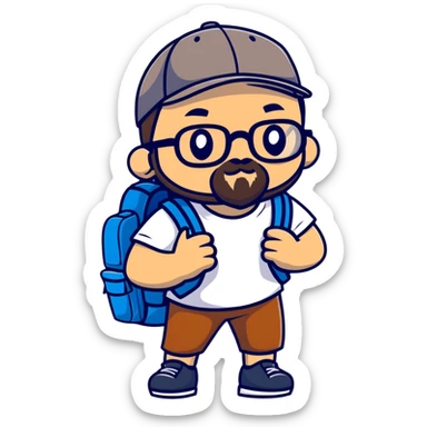 adventurer with backpack, small beard, glasses and backwards baseball cap sticker