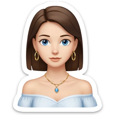 A pretty white girl with brunette hair blue eyes  thin gold hoop earrings and a matching gold necklace in a white shirt that cuts off the shoulders sticker