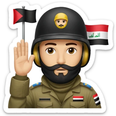 surrenders, depicts an Iraqi soldier from 1980, with a beard, in a helmet, a helmet with sign flag Iraq, with a balaclava, with sad eyes and both hands raised up sticker