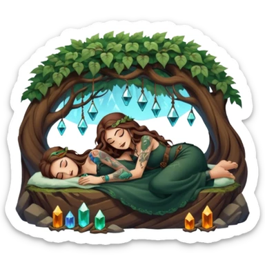 cute forest witch woman long wavy brown hair tattoos napping on crystal sticker
