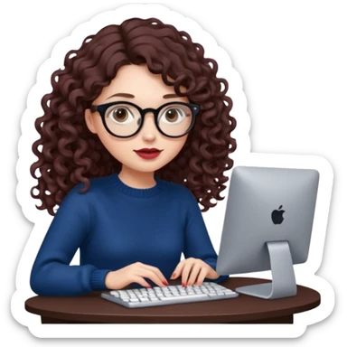 a white young woman with very long wavy dark brown/chocolate hair with curls at the end of her long hair typing in a computer. she's using round glasses, her lips are light red and her cheeks slightly pink. Her eyes are dark brown. She's using a dark blue knit sweater  sticker