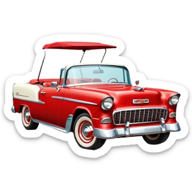 1955 Chevrolet Bel Air Convertible, Red-White color, with a bucket of brown mud pouring down on it. 32x32 pixels, aspect ratio: 1:1 sticker