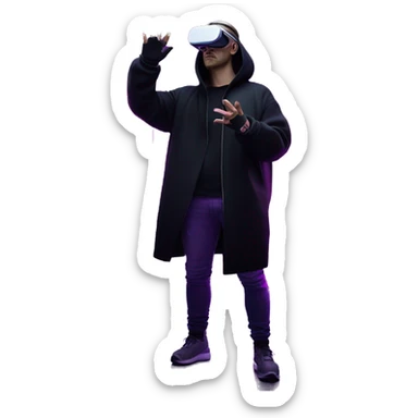 Russian man wearing a black hoodie with "OMG" letters on it and VR headset oculus quest 2 in a cyberpunk VR environment with violet neon lighting. Showing direction with hand sticker