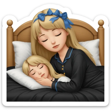 Young woman with long dark blond hair all around her, and a bang, sleeping in bed  with black pyjama  sticker