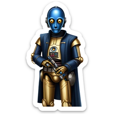 tough well-equipped jedi first order life-sized darkblue-pearl C3po as a friendly bounty hunter droid wearing a leather attire old west duster coat holding light saber ready  sticker