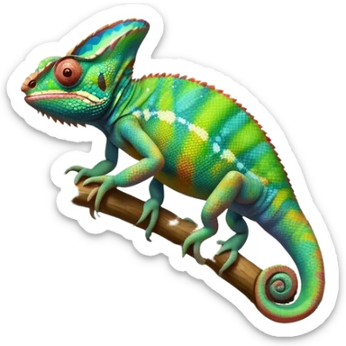 Giant chameleon on a branch, blending with vibrant greenery. Detailed scales in shifting colors, showing the chameleon’s ability to camouflage. Soft natural light highlights its texture. Lush jungle background with vivid foliage, transparent background. sticker