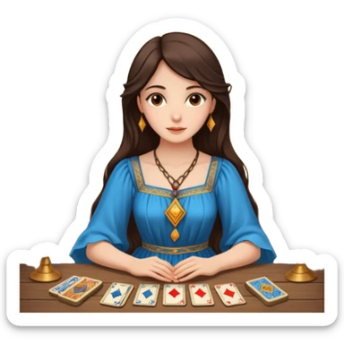 Create a brunette girl with brown eyes sitting at a table with tarot cards. sticker