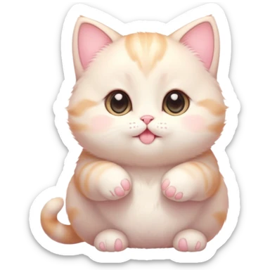 Cinematic chubby pastel kitten, big round eyes full of wonder, tiny paws reaching up, soft fluffy fur glowing in warm light, delicate heart-shaped nose, irresistibly cute and snuggly. sticker