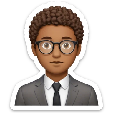 A young man with short curly brown hair, round glasses, light beard, and a business suit. sticker