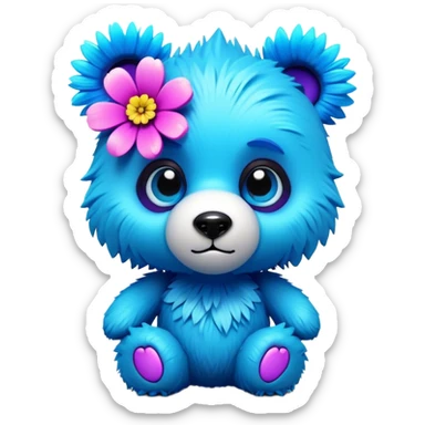 3D, adorable little Pixar style blue neon punk bear with a flower, ultra detailed, each lash, eye, and strand of fur is shown in stunning detail as though captured in a timeless photograph, rich textures, visually rich, so lifelike it feels like it could leap off the page at any moment sticker