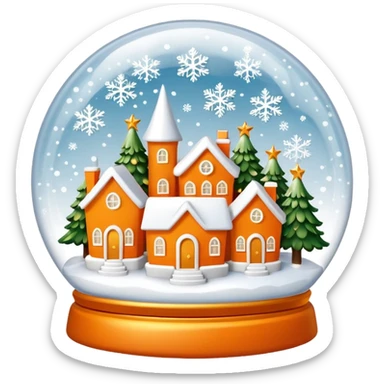Orange Christmas village snow globe сделай полностью белым: основа шара белая, 3 белых дома и 2 белых елки внутри с золотыми снежинками sticker
