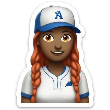 front facing standing up female coach with long red hair, wearing a white t-shirt and a simple baseball blue hat sticker