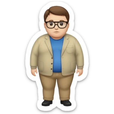 Create a fat emoji full body white man with brown hair and black glasses sticker