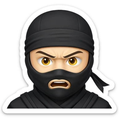 angry ninja face emoji, classic yellow emoji style, all black ninja mask, no mouth, intense eyes, black ninja headband tie sticker