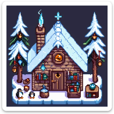 Cozy penguin wizard cottage with spell books, icy decorations, and magical artifacts sticker