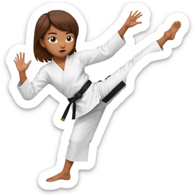 Ragazza castana che pratica karate, ha la cintura nera ed io tradizionale kimono bianco del karate, tira un calcio laterale  sticker