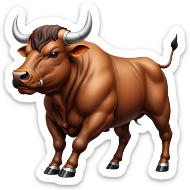 Cinematic Realistic depiction of a powerful Spanish charging bull, rendered with dynamic muscle definition and detailed, textured hide, set against a dramatic backdrop with intense, action-packed lighting sticker