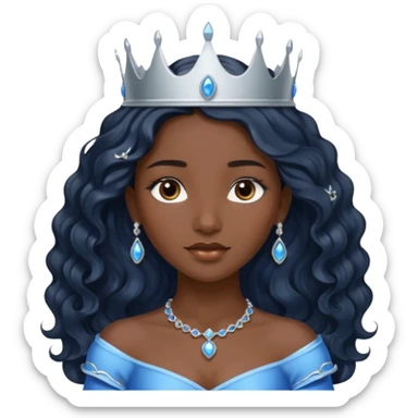 Por favor hazme el emoji de la princesa pero morena con el pelo negro y ondulado y largo, los ojos marrones y la corona plateada con jollas azules sticker