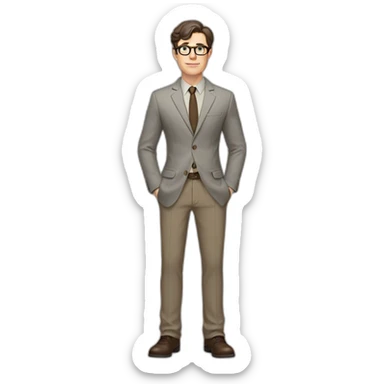 Full height Pale skinned fit man with dark brown hair in gray jacket, beige office shirt, brown tie, brown pants and vintage glasses. His right hand stretched out sticker