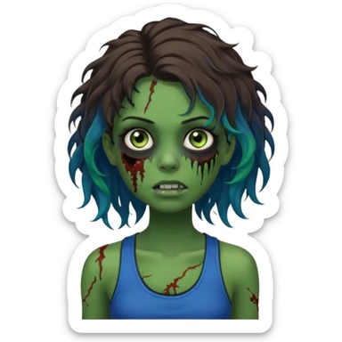 Crie um emoji de uma garota zumbi com a pele verde, como deste emoji "🧟‍♀️". Põem com uma regata de cor preta, os cabelos castanhos na altura do ombro e picotado, liso na raiz e cacheado nas pontas e com mechas azuis sticker