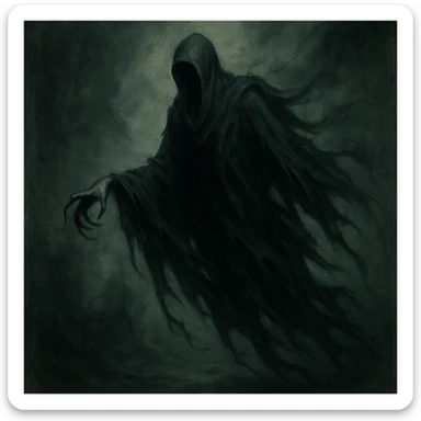 dementor, dark and ghostly, floating, tattered cloak, menacing presence, unique style, eerie atmosphere sticker