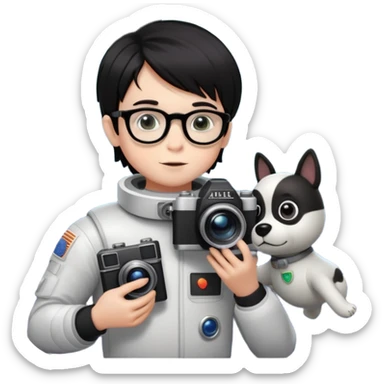 A little boy with straight black medium-length hair, white skin, and black eyes wearing black-framed glasses is taking photos in space with a camera. Beside him, there is a UFO, an alien, and a teddy dog. sticker
