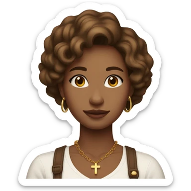 a slightly tan woman with brown slightly wavy hair, beautiful, wearing small gold hoop earrings and a small gold cross necklace, wearing a cute white square neck shirt sticker