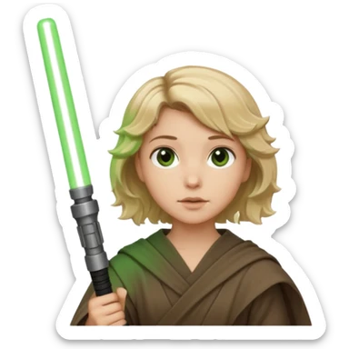 Young jedi with sandy blonde wavy short hair holding a green light saber, he has brown eyes sticker