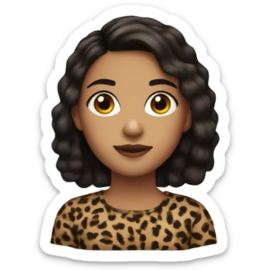 Girl with dark brown hair with a side parting wearing a leopard print strap top sticker