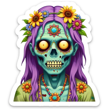 Cinematic ultra detailed 32k HD Psychedelic colored hippie style zombie with flowers sticker