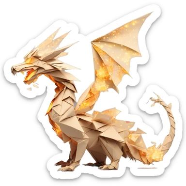 Beige Origami dragon made of newspapers on fire surrounded by fairy lights swirls covered in dried flowers bokeh library bunting floral flowers fire flames sticker