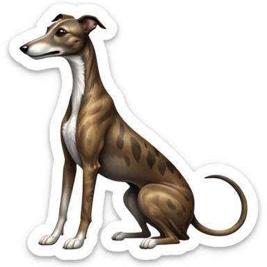 cinematic-[brindle greyhound]-realistic-full-body-sitting-emoji,-tail-resting-loosely-beside-its-paws,-head-tilted-dramatically, -sleek-[dark brindle]-fur,-simplified-yet-realistic-focused-features,-highly-detailed,-glowing-with-an-almost-sarcastic-glow sticker