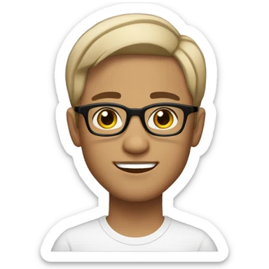 Skin Tone: Light-medium, Short hair wavy hair with a bit of volume on top
Eyebrows: Thick, dark eyebrows with a slightly curved shape.
Eyes: Medium-sized, dark brown eyes with a neutral expression.
Glasses: Black, rectangular glasses with a thin frame. sticker