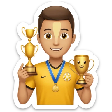 happy soccer player with a first-place medal and a trophy in yellow t-shirts sticker