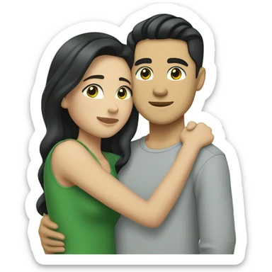 Light skin Asian male with straight black undercut hair and a white brunette female with green eyes and long wavy hair tightly hugging each other  sticker