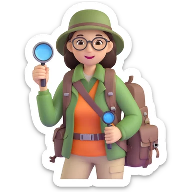Happy female explorer with glasses, hiking outfit, backpack, holding a single magnifying glass sticker