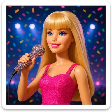 Pretty and girly Blonde pop star with bangs, holding a bedazzled microphone, reimagined as a Barbie doll, with a nighttime concert backdrop with colorful confetti sticker