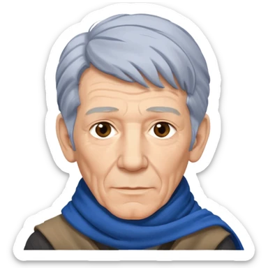 portrait of Ian McKellen, wearing a scarf, silver hair, kind eyes sticker