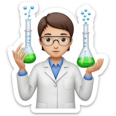 chemist person with very short hair in a lab coat testing chemicals in test tubes sticker