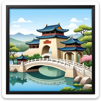 Summer Palace in Beijing with lake and bridge, Chinese garden architecture, emoji style sticker