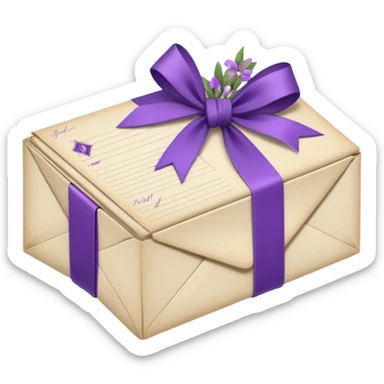 A beautifully arranged Stack of aged letters, tied with a purple ribbon, envelopes, corespondence, aesthetic, purple flower petals around, mails sticker