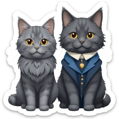 Portrait of a black smoke Maine Coon cat with long grey ear tufts and a thick grey collar, alongside a British Shorthair cat with a solid blue coat. Both cats with detailed fur textures and playful expressions. Soft, elegant background with warm, natural tones. Transparent background. sticker
